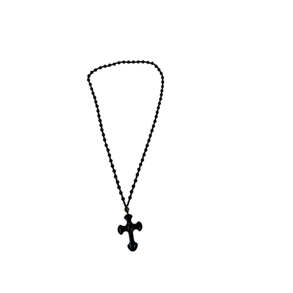 Carved Cross Rosary Ceramic‎ Beaded Chain Natural Black Obsidian necklace